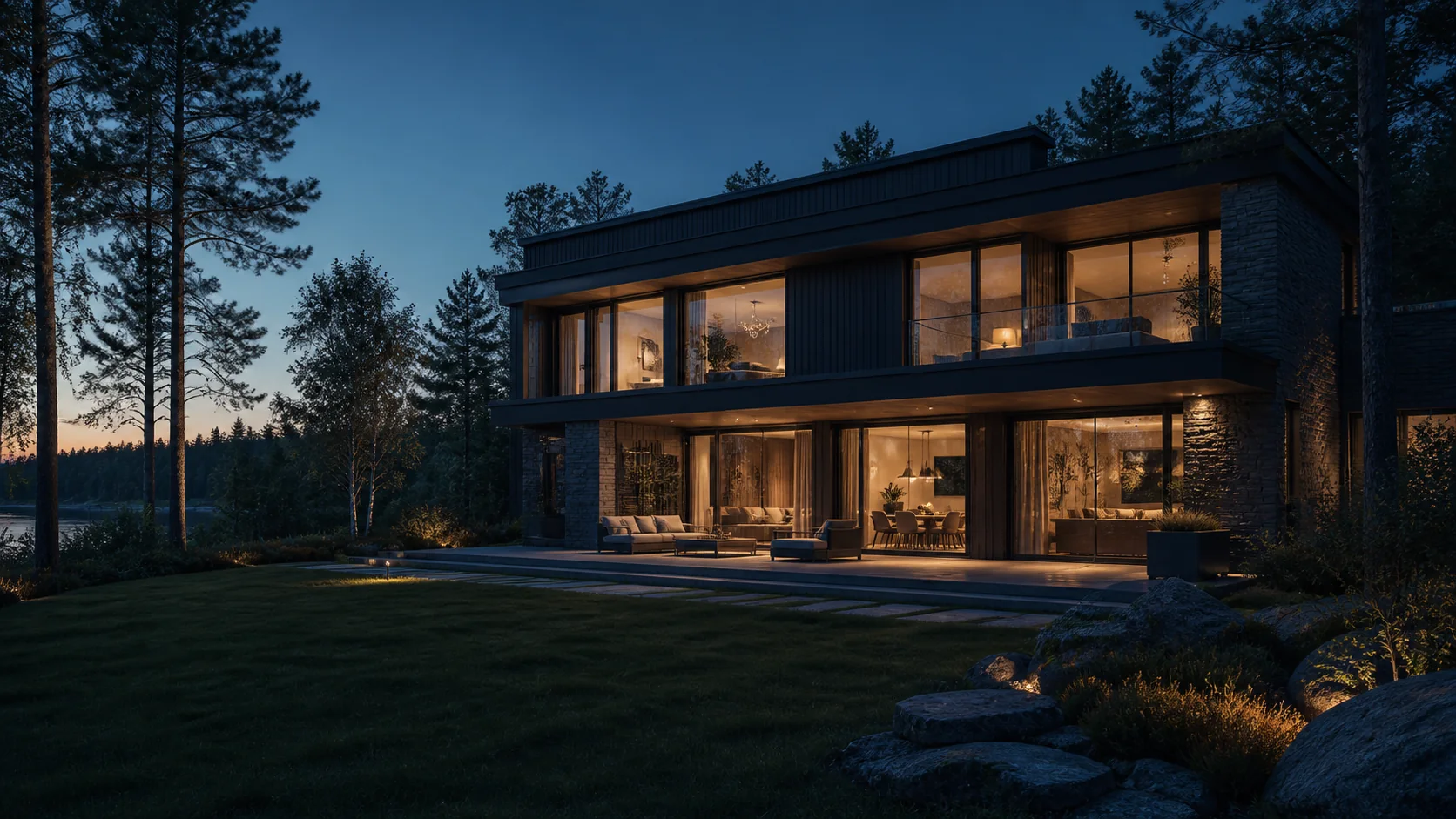 Modern nordisk villa med stora glaspartier i skymningsljus